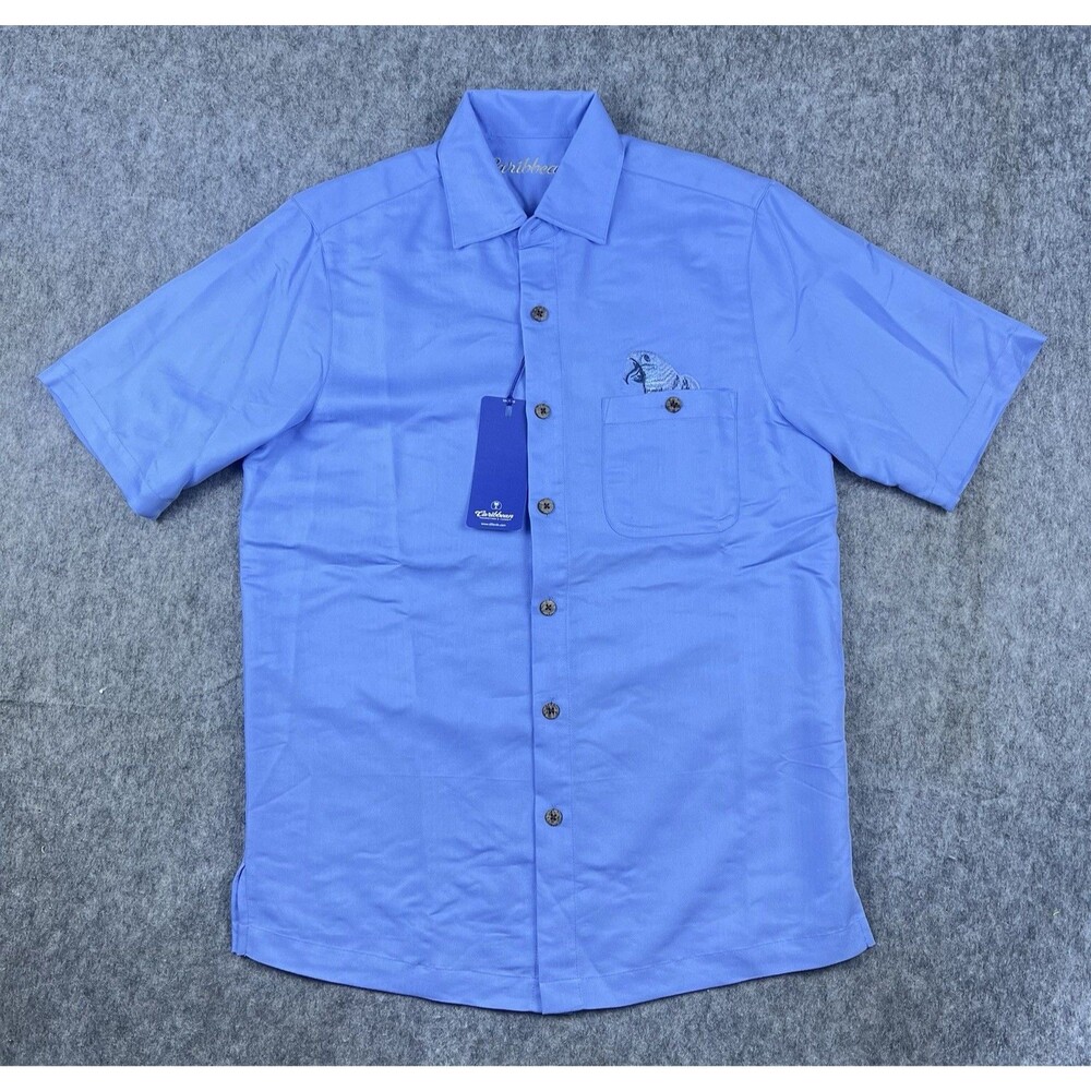 Caribbean Men's Button Down Shirt Short Sleeve Blue Parrot Embroidered Size S